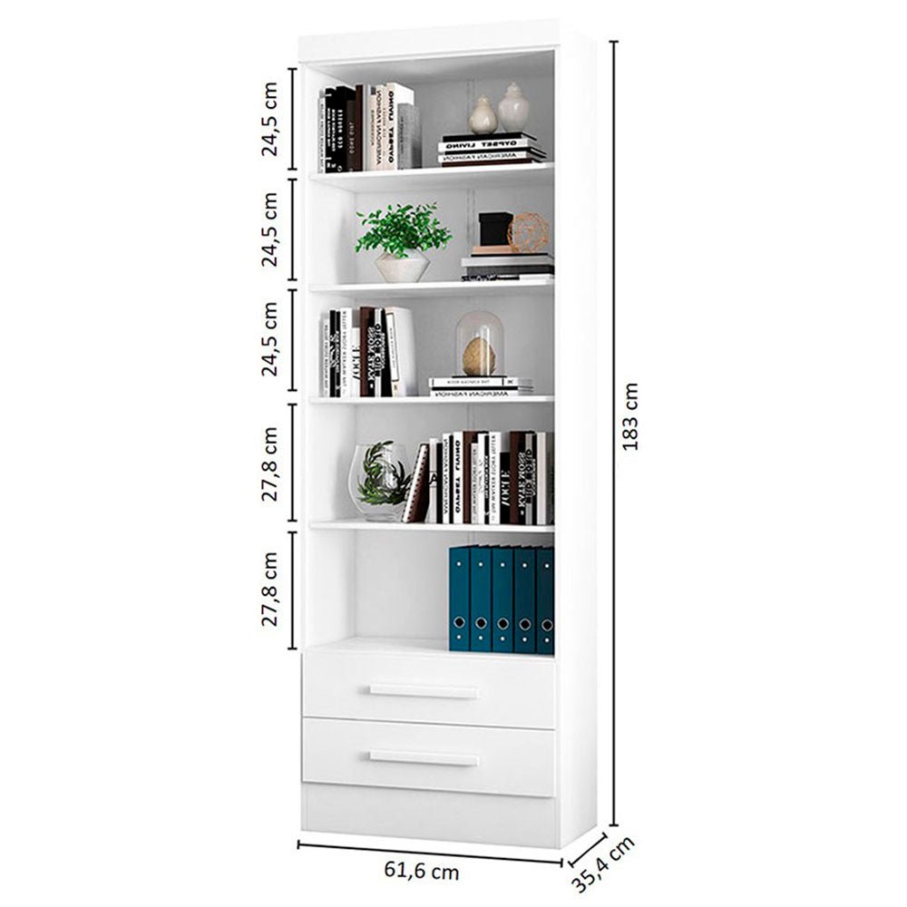 Biblioteca Curitiba Blanco 62x183cm con Cinco Compartimientos y con Dos Cajones - Bibliotecas | Bylmo