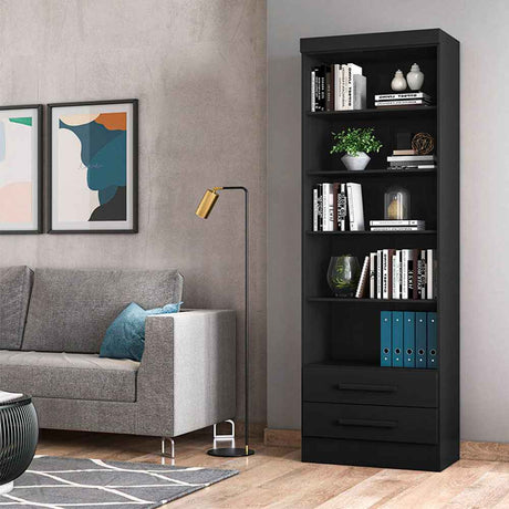 Biblioteca Curitiba Negro 62x183cm con Cinco Compartimientos y con Dos Cajones - Bibliotecas | Bylmo