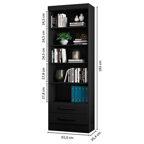 Biblioteca Curitiba Negro 62x183cm con Cinco Compartimientos y con Dos Cajones - Bibliotecas | Bylmo