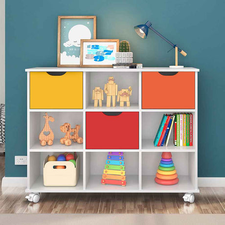 Arrimo con Kit de Tres Cajones Salvador Blanco y Multicolor 108x83cm con Nueve Compartimientos y con Ruedas - Repisas y Percheros | Bylmo