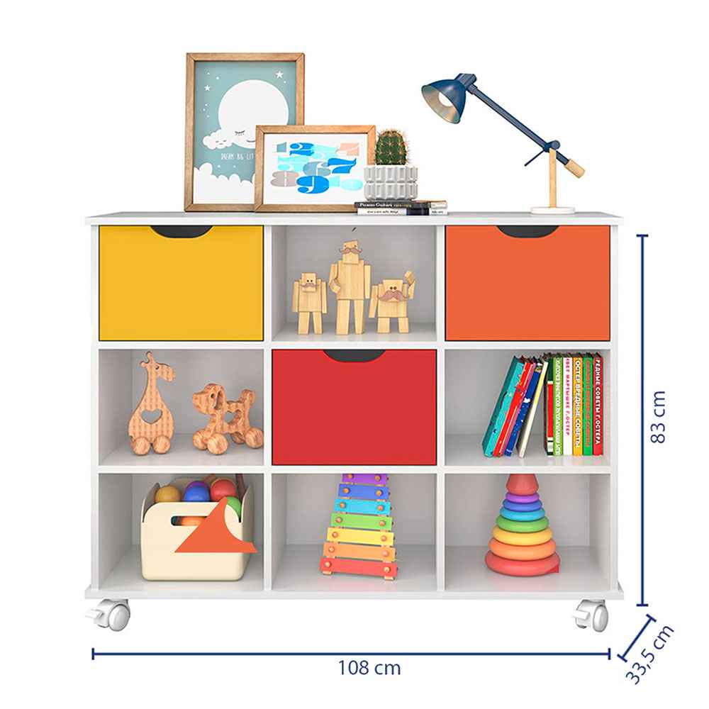 Arrimo con Kit de Tres Cajones Salvador Blanco y Multicolor 108x83cm con Nueve Compartimientos y con Ruedas