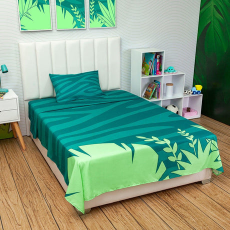 Juego de Sabanas Infantil Microfibra Sencilla 100 cm Azul con Ramas Verdes - Ropa de Cama | Bylmo