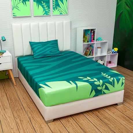 Juego de Sabanas Infantil Microfibra Sencilla 100 cm Azul con Ramas Verdes - Ropa de Cama | Bylmo