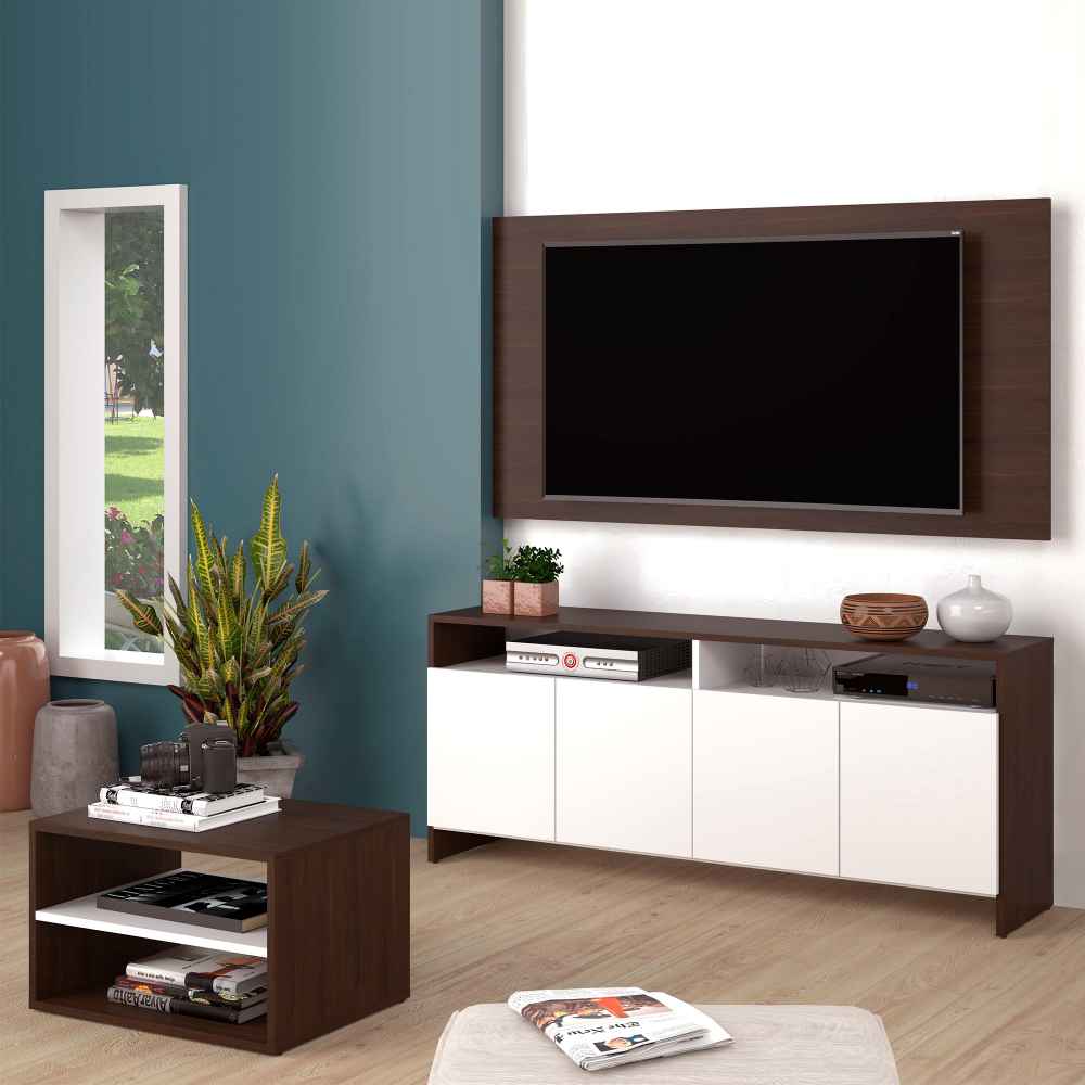 Combo Panel para TV, Mueble Auxiliar y Mesa de Centro Vancouver Cafe y Blanco 135 cm - Muebles para TV | Bylmo
