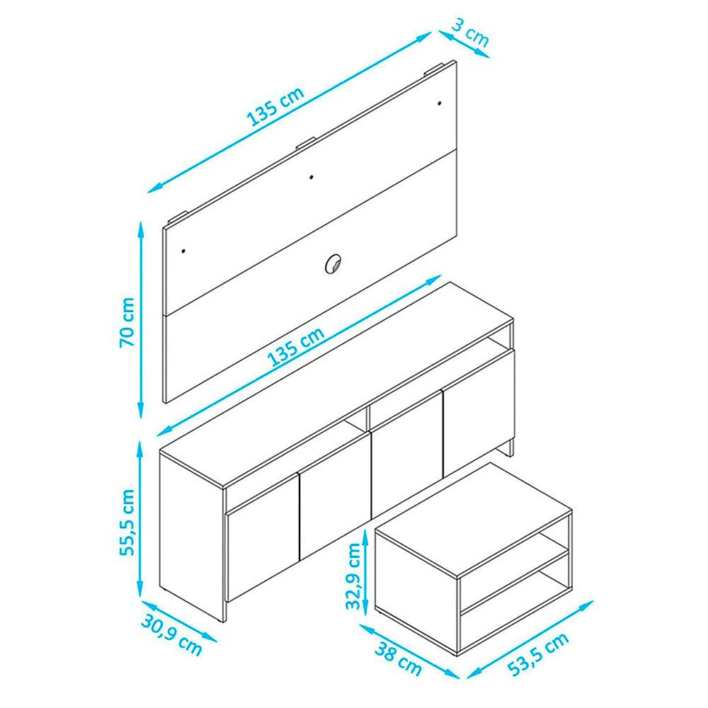 Combo Panel para TV, Mueble Auxiliar y Mesa de Centro Vancouver Cafe y Blanco 135 cm - Muebles para TV | Bylmo