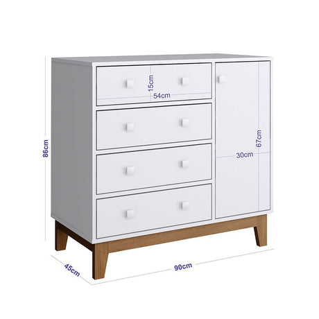 Cómoda Mariana Blanco 90 cm con Cuatro Cajones y Una Puerta - Cajoneras | Bylmo