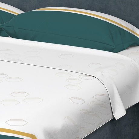 Juego de Sabanas Algodón 250 Hilos King 200 cm Blanco con Líneas Cruzadas y Franja Dorada - Ropa de Cama | Bylmo