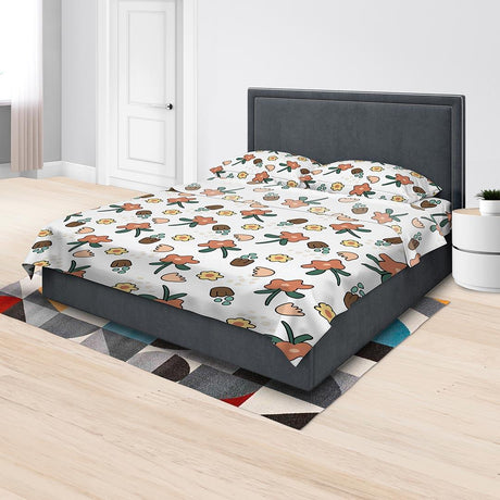 Juego de Sabanas Algodón 180 Hilos Semidoble 120 cm Blanco con Flores Amarillas y Naranjas - Ropa de Cama | Bylmo