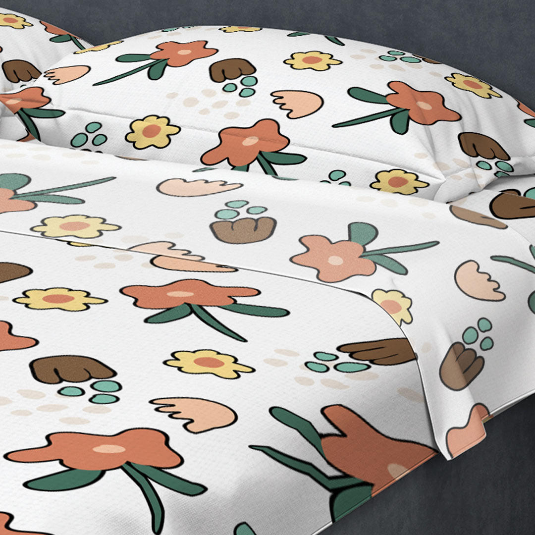 Juego de Sabanas Algodón 180 Hilos Semidoble 120 cm Blanco con Flores Amarillas y Naranjas - Ropa de Cama | Bylmo