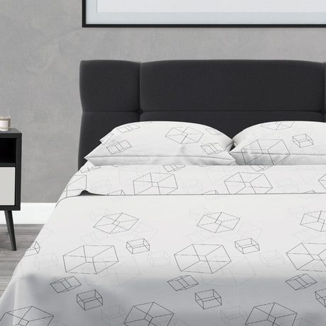 Juego de Sabanas Microfibra King 200 cm Blanco con Cubos Negros - Ropa de Cama | Bylmo