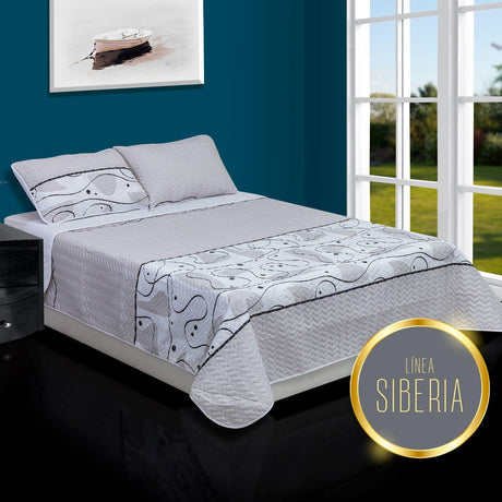 Cubrelecho Español Prensado Microfibra Doble 140 cm Gris con Figuras Grises y Blancas - Ropa de Cama | Bylmo