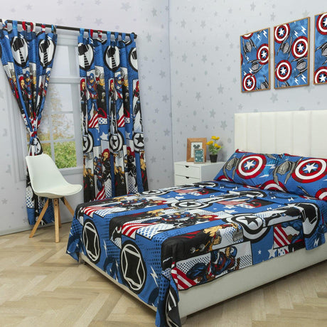 Combo Juego de Sabanas y Cortina Infantil Azul Oscuro Semidoble 120 X 190 Cm de Marvel - Ropa de Cama | Bylmo
