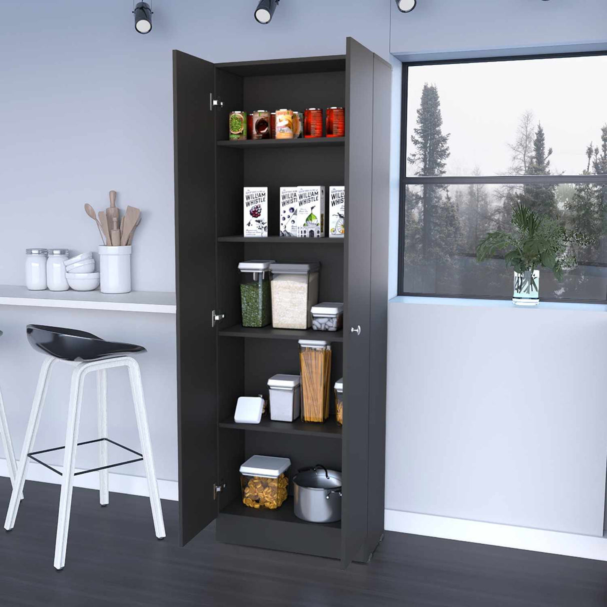 Alacena Coga Wengue 181 cm x 60 cm con 2 Puertas y 5 entrepaños, Pomos Metálicos Redondos - Alacenas y Muebles Microondas | Bylmo