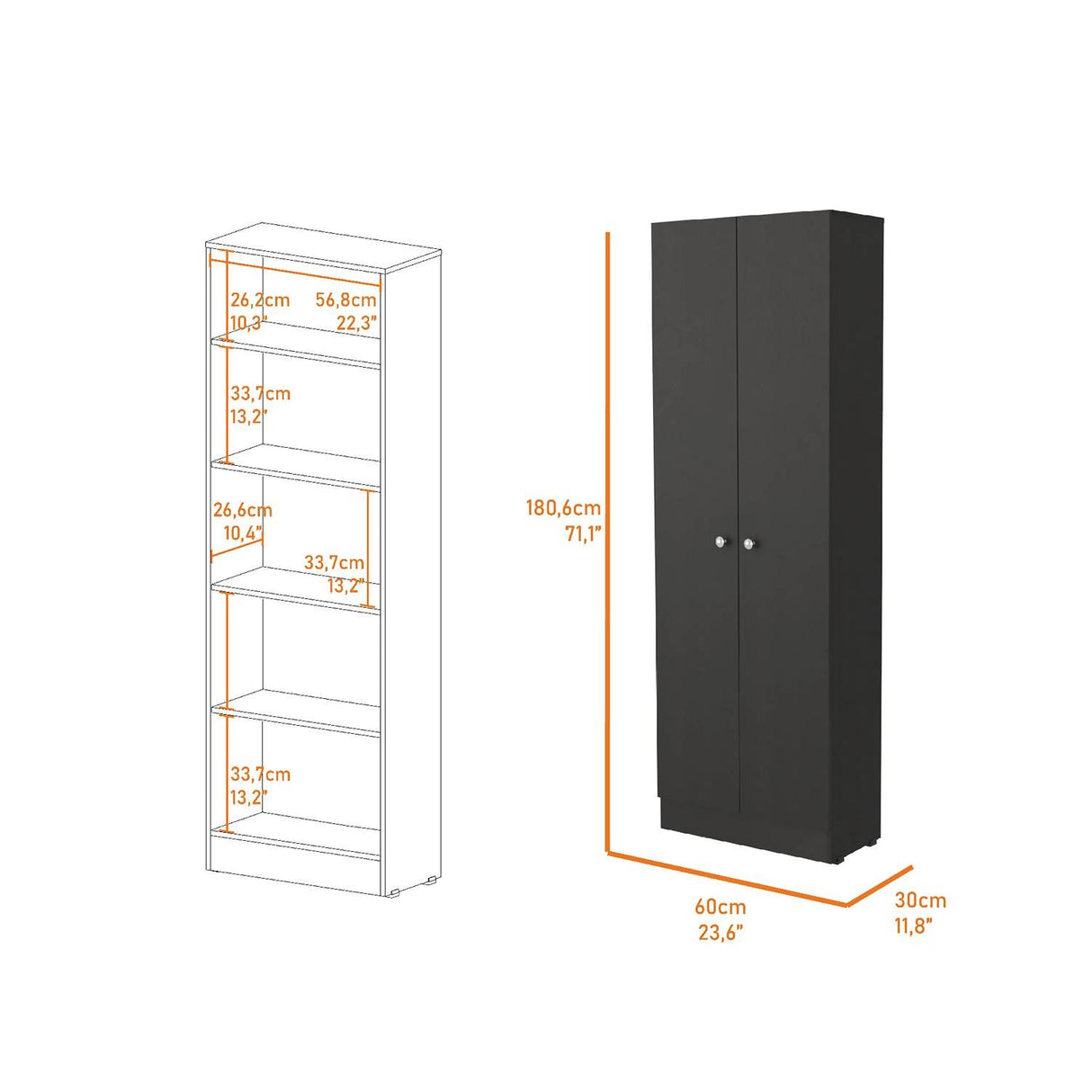 Alacena Coga Wengue 181 cm x 60 cm con 2 Puertas y 5 entrepaños, Pomos Metálicos Redondos - Alacenas y Muebles Microondas | Bylmo