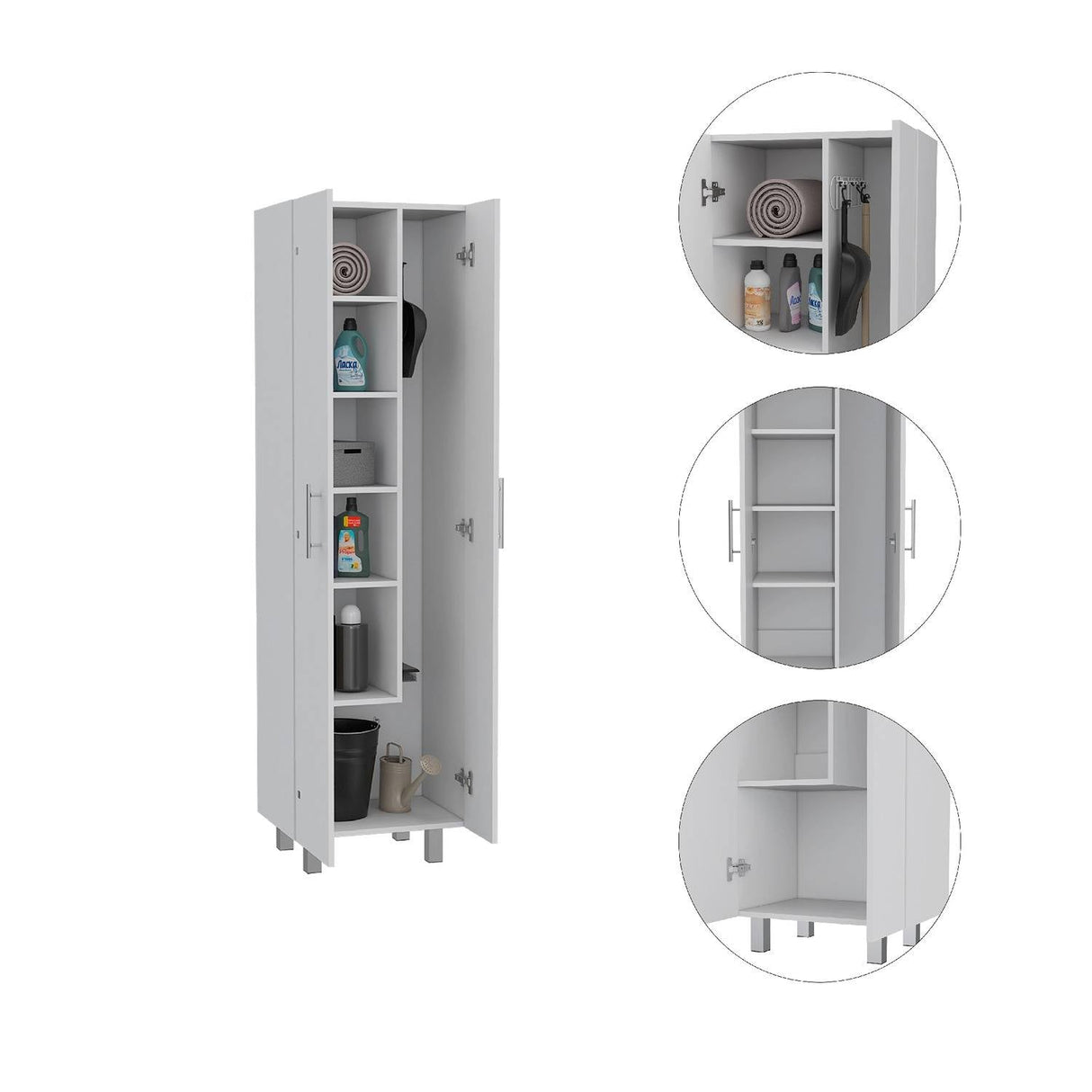 Alacena París Blanca 181 cm x 51 cm con 2 Puertas y 6 Entrepaños, Compartimiento con Ganchos para Guardar Elementos de Aseo - Alacenas y Muebles Microondas | Bylmo