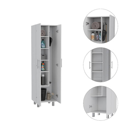 Alacena París Blanca 181 cm x 51 cm con 2 Puertas y 6 Entrepaños, Compartimiento con Ganchos para Guardar Elementos de Aseo - Alacenas y Muebles Microondas | Bylmo