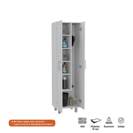 Alacena París Blanca 181 cm x 51 cm con 2 Puertas y 6 Entrepaños, Compartimiento con Ganchos para Guardar Elementos de Aseo - Alacenas y Muebles Microondas | Bylmo