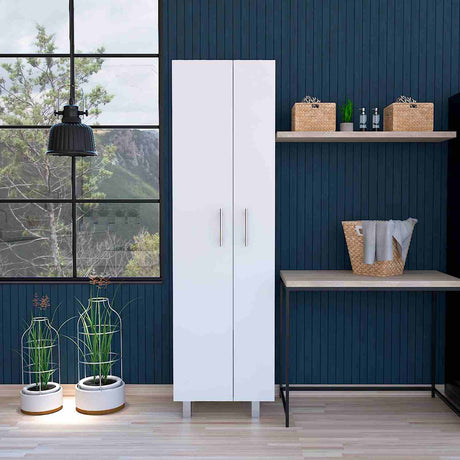 Alacena París Blanca 181 cm x 51 cm con 2 Puertas y 6 Entrepaños, Compartimiento con Ganchos para Guardar Elementos de Aseo - Alacenas y Muebles Microondas | Bylmo