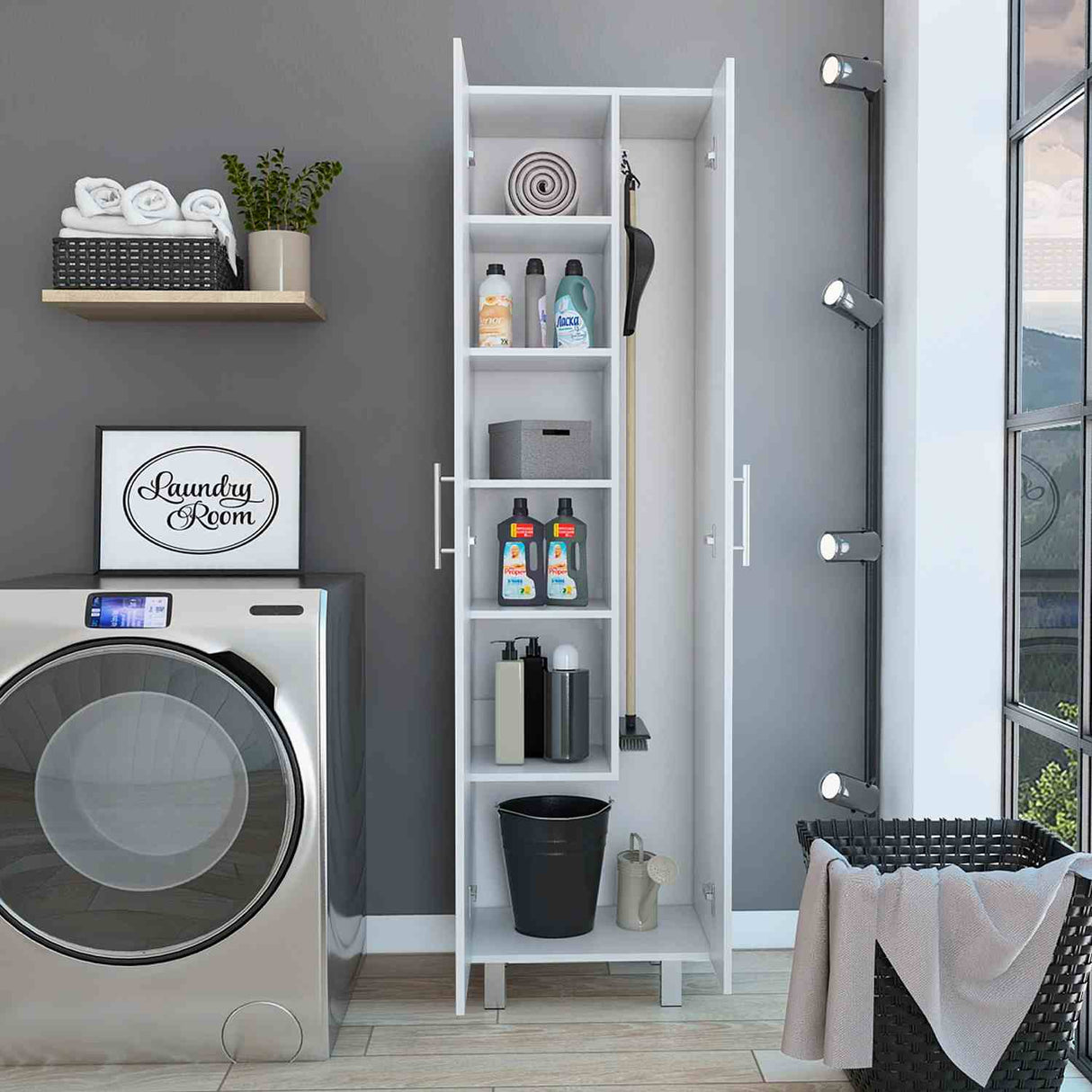 Alacena París Blanca 181 cm x 51 cm con 2 Puertas y 6 Entrepaños, Compartimiento con Ganchos para Guardar Elementos de Aseo - Alacenas y Muebles Microondas | Bylmo