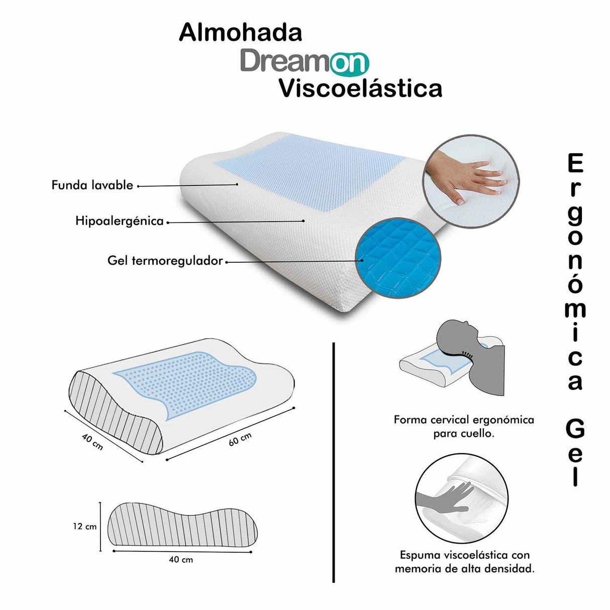 Almohada DreamOn Espuma viscoelástica Blanca 60 cm Ergonómica con Gel - Almohadas | Bylmo