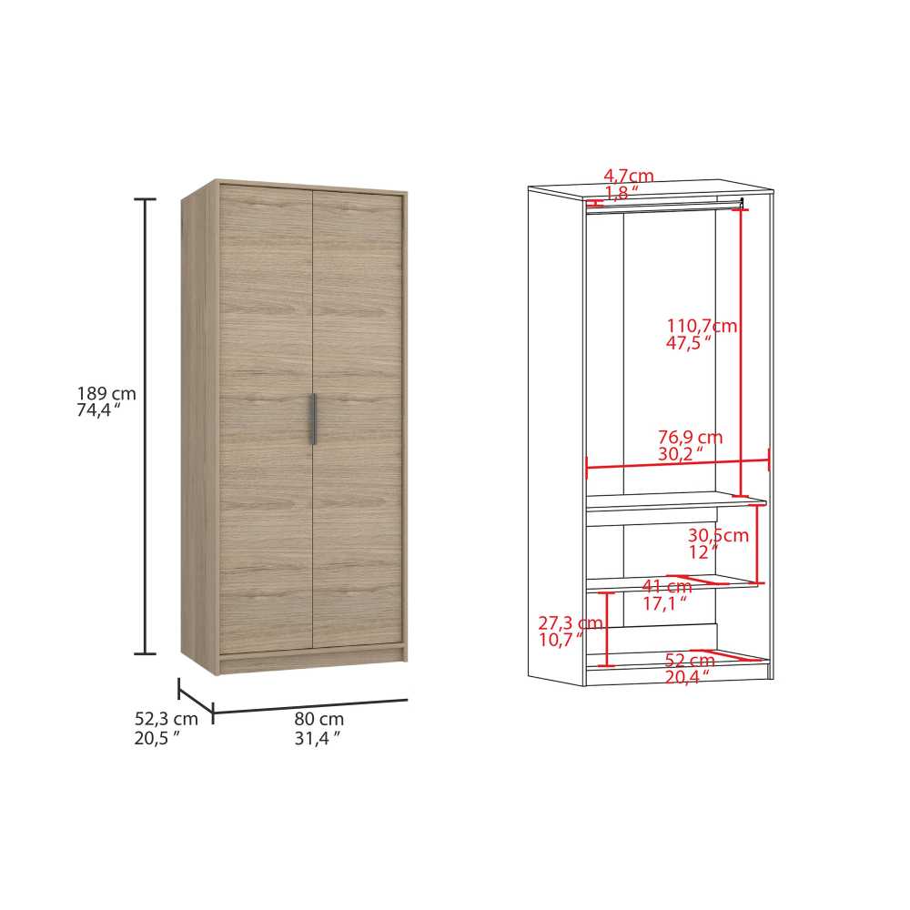 Closet Kaia Rovere 80x189cm sin Cajones con 2 Entrepaños - Closets | Bylmo