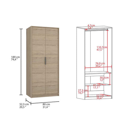 Closet Kaia Rovere 80x189cm sin Cajones con 2 Entrepaños - Closets | Bylmo