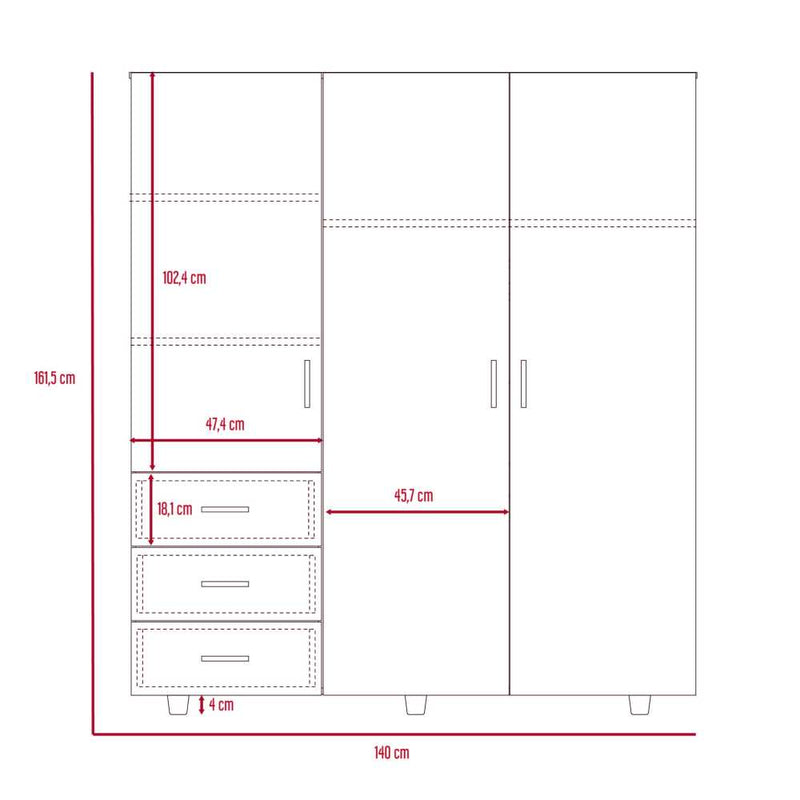 Closet Verona Wengue 140 cm con Tres Puertas y Tres Cajones