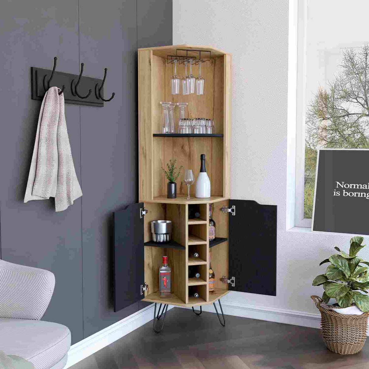 Bar Esquinero Esquinero Audra Duna 45x180cm con Dos Cajones y con Cinco Portabotellas - Bares | Bylmo