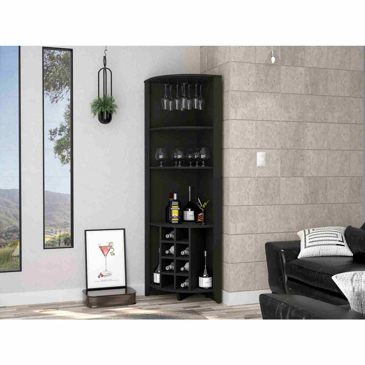 Bar Esquinero Essential Wengue 181 cm con Colgadero de Copas y Almacenamiento - Bares | Bylmo