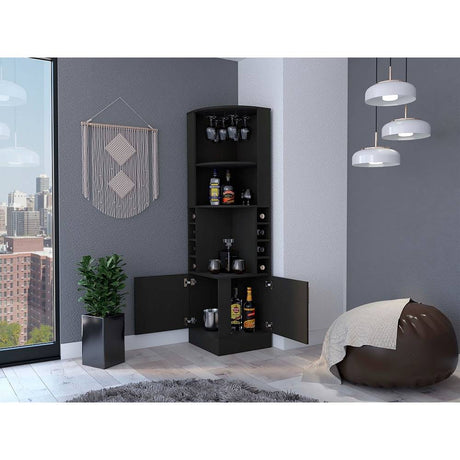 Bar Esquinero Kava Wengue 46.9x180cm con Un Cajón y con Ocho Portabotellas - Bares | Bylmo