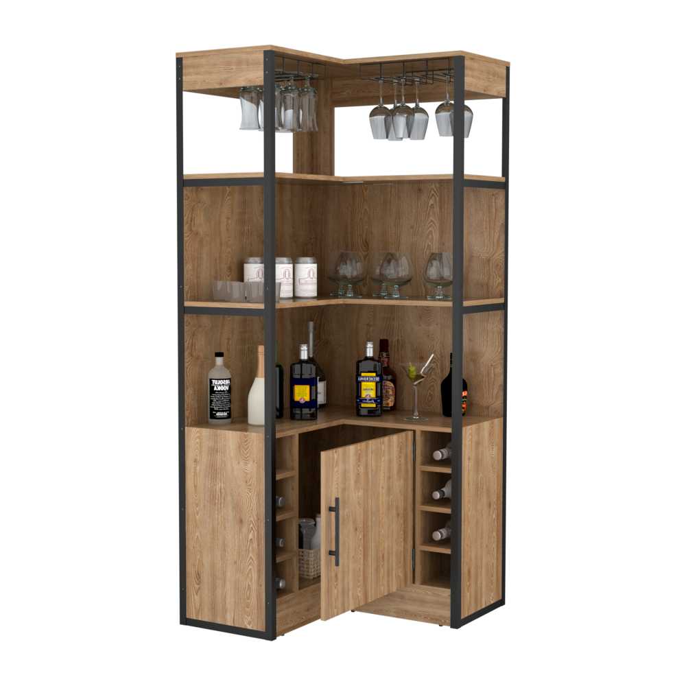 Bar Esquinero Esquinero Magnum Miel 77.5x180.4cm con Un Cajón y con Ocho Portabotellas
