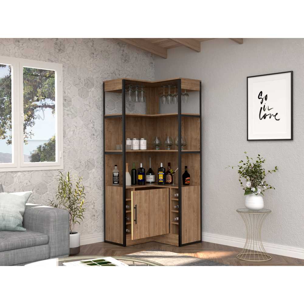 Bar Esquinero Esquinero Magnum Miel 77.5x180.4cm con Un Cajón y con Ocho Portabotellas