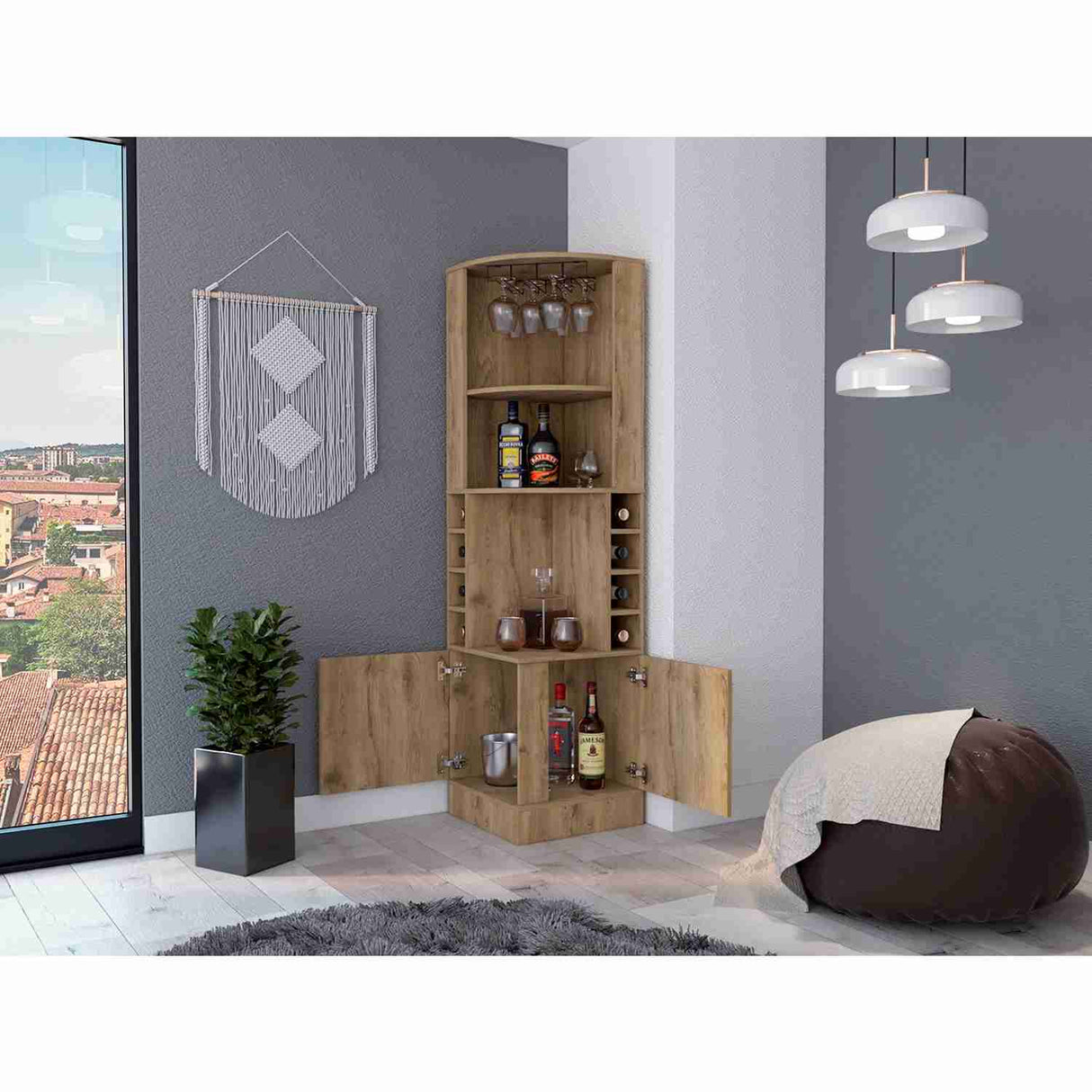 Bar Esquinero Syrah Macadamia 47x181cm con Un Cajón y con Ocho Portabotellas - Bares | Bylmo