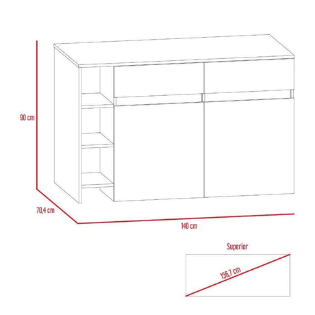 Barra de Cocina Bari Rovere y Blanco 140 cm con Dos Puertas y Dos Cajones - Muebles Organizadores | Bylmo