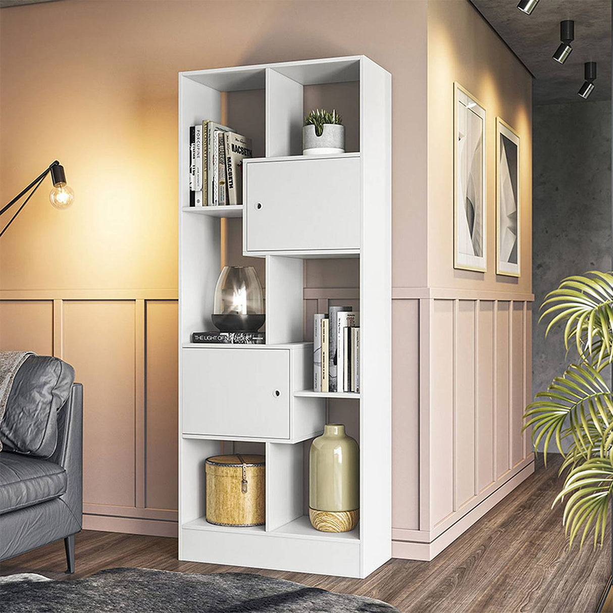 Biblioteca Arica Blanco 73x183cm con Seis Compartimientos y con Dos Cajones - Bibliotecas y Estanterias | Bylmo