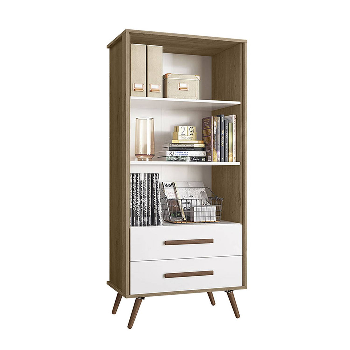 Biblioteca Ovalle Miel y Blanco 64x144.4cm con Tres Compartimientos y con Dos Cajones - Bibliotecas y Estanterias | Bylmo