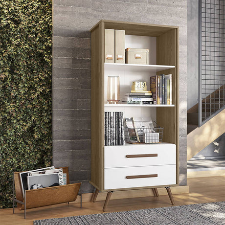 Biblioteca Ovalle Miel y Blanco 64x144.4cm con Tres Compartimientos y con Dos Cajones - Bibliotecas y Estanterias | Bylmo
