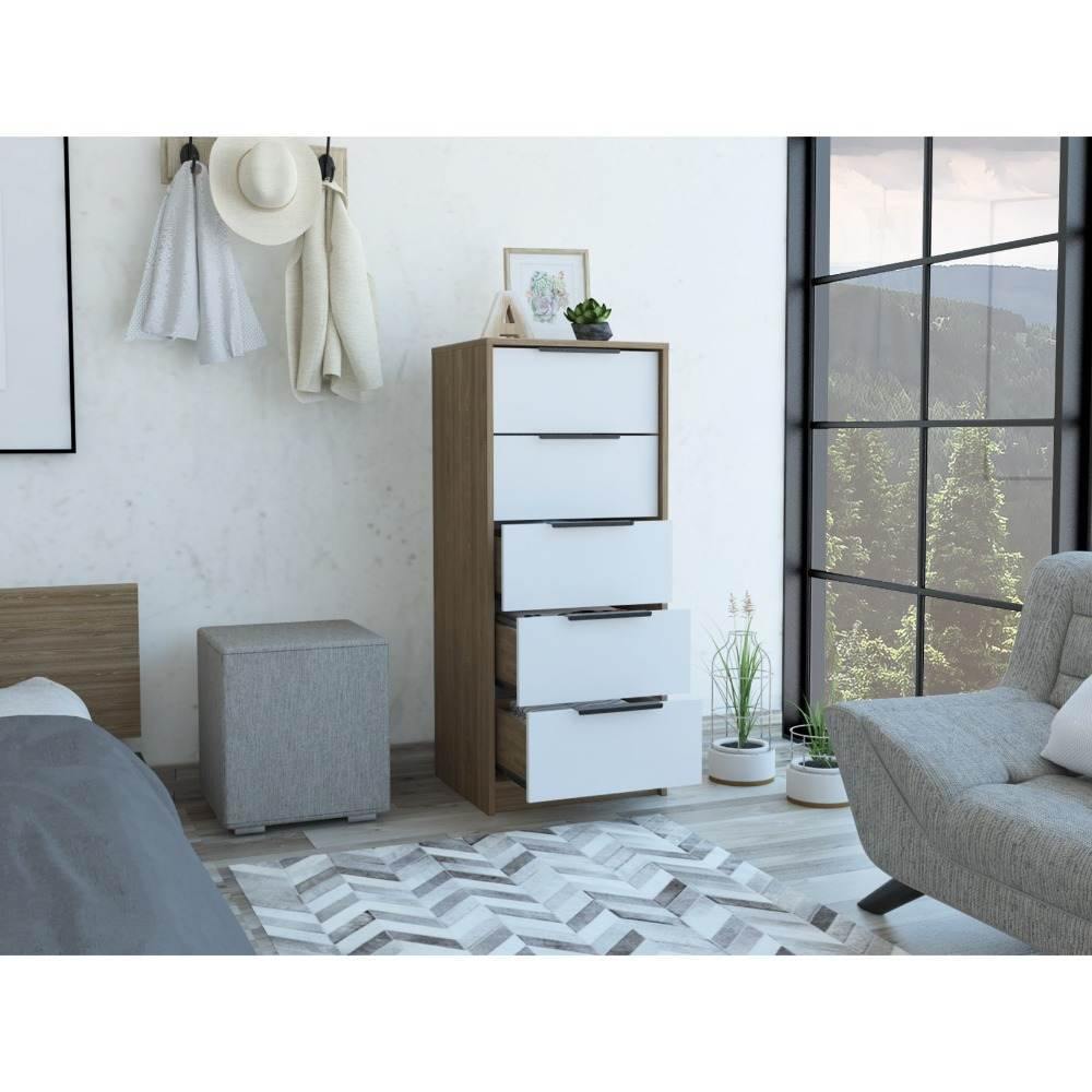 Cómoda Kaia Miel y Blanco 46x107cm De Cinco Hileras con Cinco Cajones - Cajoneras | Bylmo