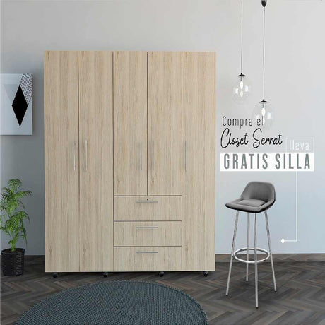 Combo Closet y Silla Bar Serrat Rovere 200 cm con Cinco Puertas y Tres Cajones - Closets | Bylmo