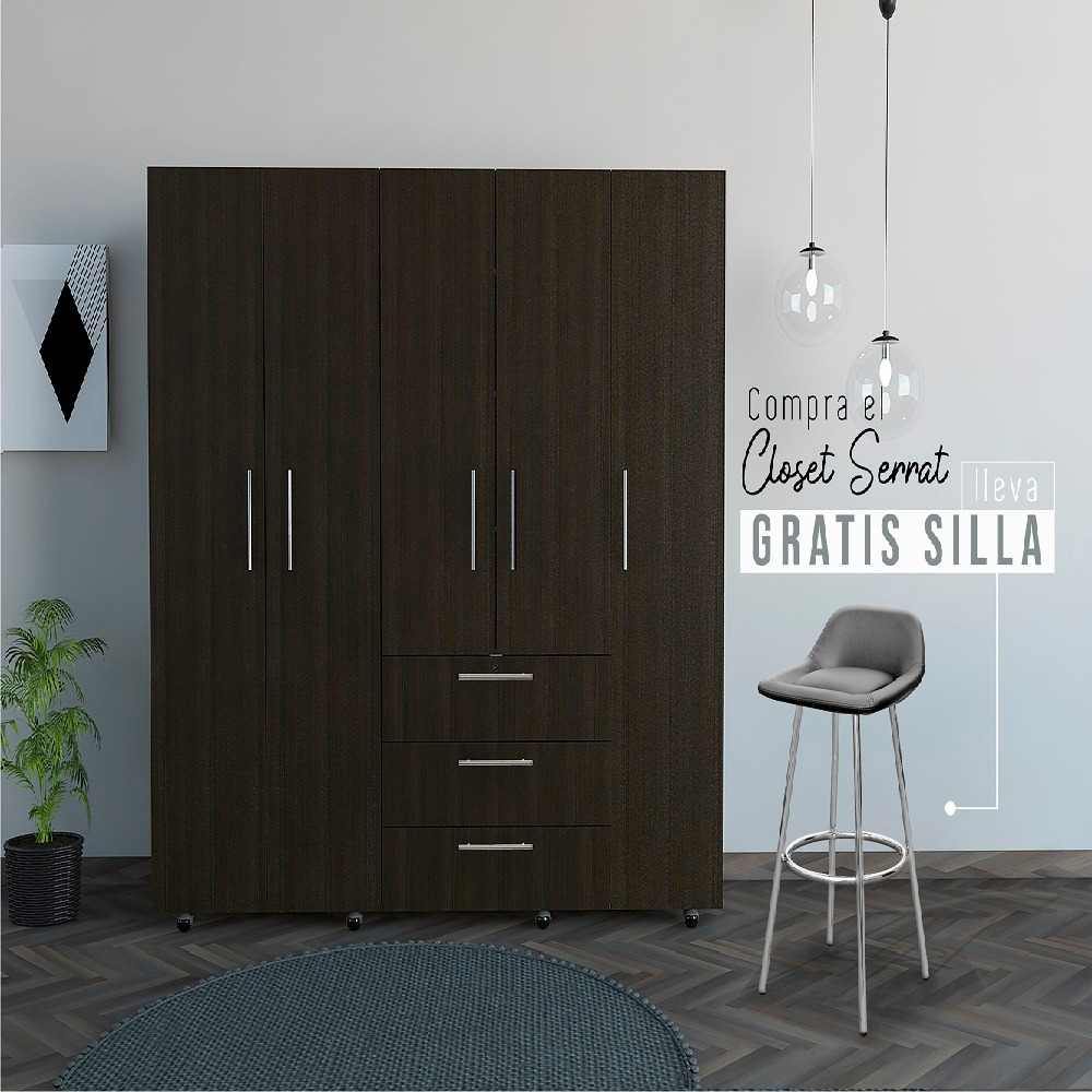 Combo Closet y Silla Bar Serrat Wengue 200 cm con Cinco Puertas y Tres Cajones - Closets | Bylmo