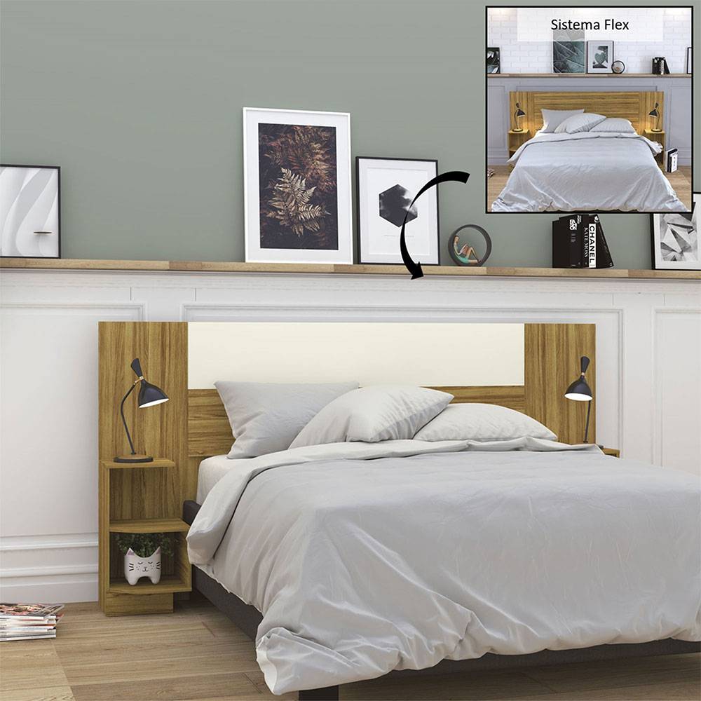 Cabecera Ajustable Seny Doble 140 cm Cafe y Blanco con Mesas de Noche - Camas | Bylmo