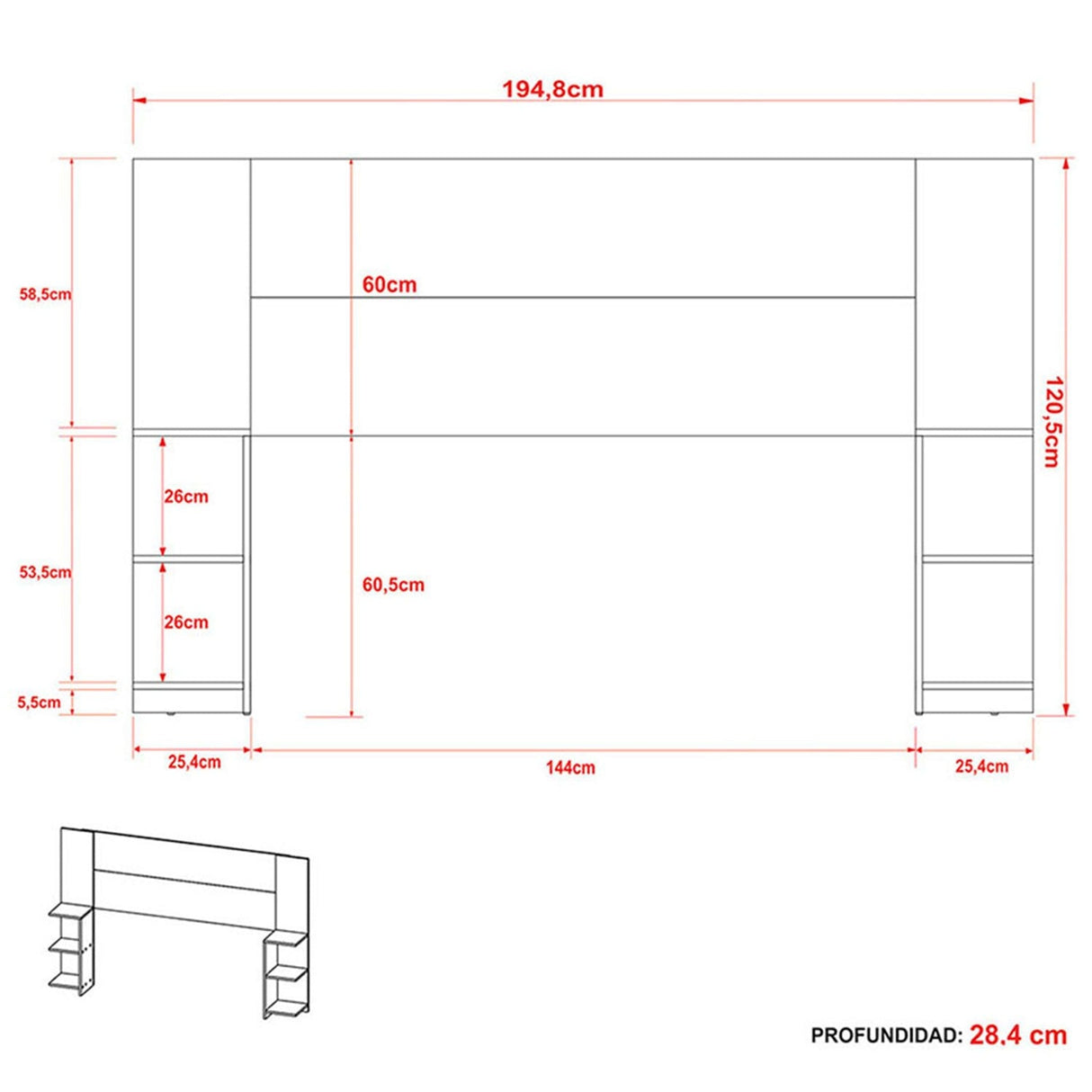 Cabecero Phoenix 195 cm Nogal con Entrepaños para Cama Doble - Camas y Cabeceros | Bylmo