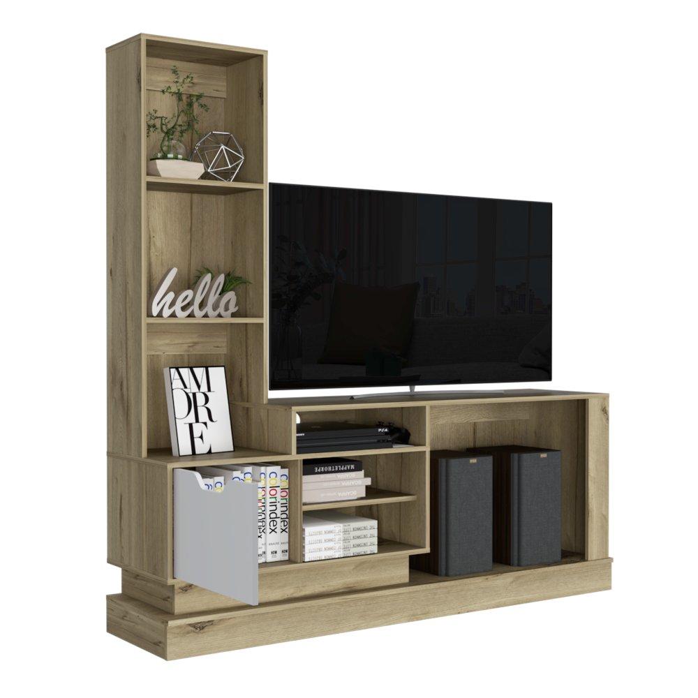 Centro de Entretenimiento Blake Duna y Blanco 177.7x181.4cm para TV Hasta 55 Pulgadas con Ranuras para Cables y con Ocho Compartimientos - Muebles para TV | Bylmo
