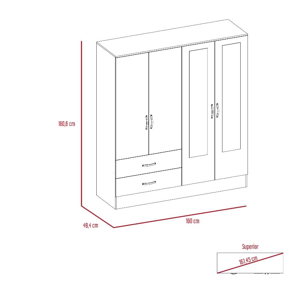 Closet Balton Carbón 160 cm con Espejos, Cuatro Puertas y Dos Cajones - Closets | Bylmo