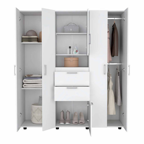 Closet Belton Blanco 160 cm con Dos Cajones, Seis Puertas, Colgadero de Ropa y Espejo - Closets | Bylmo