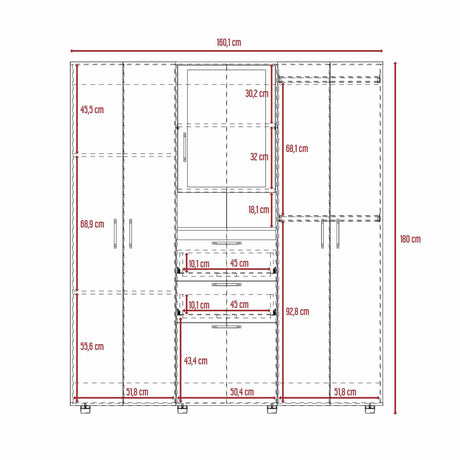 Closet Belton Blanco 160 cm con Dos Cajones, Seis Puertas, Colgadero de Ropa y Espejo - Closets | Bylmo