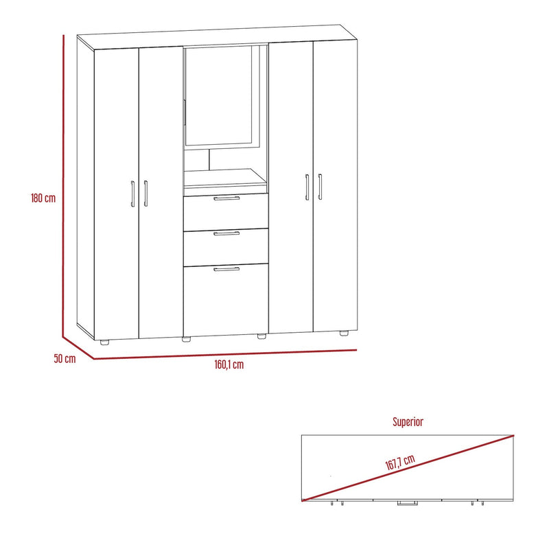 Closet Belton Blanco 160 cm con Dos Cajones, Seis Puertas, Colgadero de Ropa y Espejo