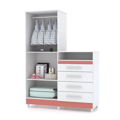 Closet Cómoda Rauxa Blanco y Salmón 121 cm con Cuatro Cajones y Dos Puertas con Cerradura - Cajoneras | Bylmo