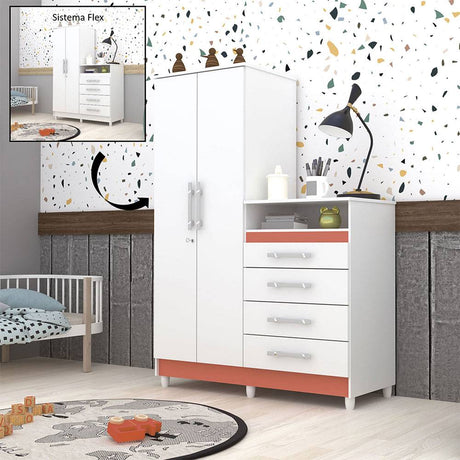 Closet Cómoda Rauxa Blanco y Salmón 121 cm con Cuatro Cajones y Dos Puertas con Cerradura - Cajoneras | Bylmo