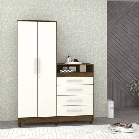 Combo Closet y Cómoda Rauxa Marron y Blanco Apagado 121x167cm De Cuatro Hileras con Cuatro Cajones - Cajoneras | Bylmo